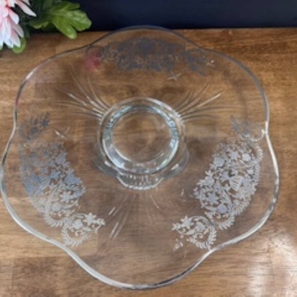 Vintage Footed Glass Serving Plate Sterling Silver Overlay Floral Etched Clear G - Picture 5 of 5
